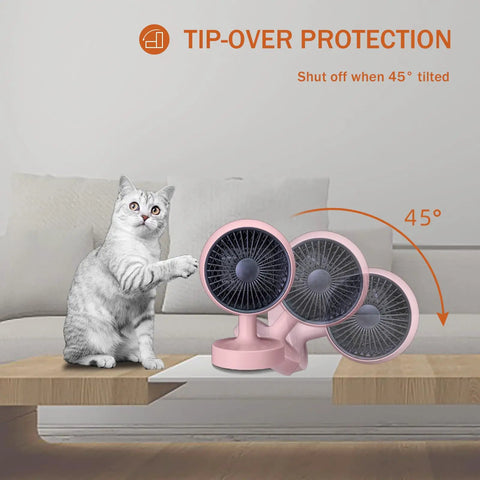 Cat near pink compact desk heater with 45-degree tilt showing tip-over protection, Compact Desk Heater That Cranks 1200W With PTC Ceramic Heating.