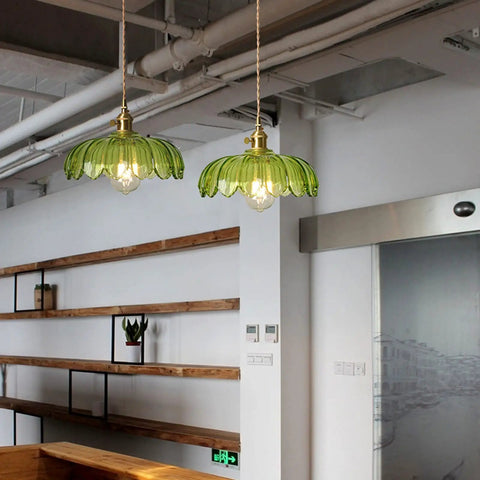 Dope Farmhouse Glass Lotus Pendant Light With Adjustable Cable For Loft Living, Industrial Vintage Chandelier hanging in kitchen