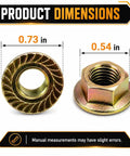 50 Piece M10-1.25 Exhaust Flange Nuts Straight Up Top Shelf Locked Serrated Hardware dimensions showing sizes 0.73 in and 0.54 in.