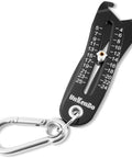 Gen2 Bolt Size Finder Tool Keychain For Bolts And Nuts Heads Five Thirty Second Inch To One Inch And Four To Twenty Five Millimeters Wrench And Socket Size Finder Nut And Bolt Measuring Tool Gift For DIYers Matte Black with engraved measurements and a carabiner clip.