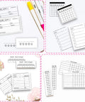 Super Rad 18 Piece Journal Stamps With Ink Pad featuring reading lists, trackers, and week challenge templates on paper.