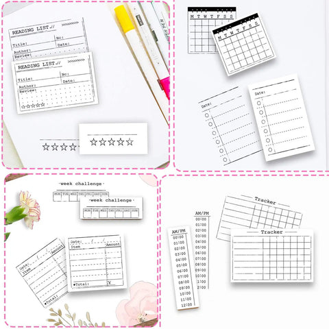 Super Rad 18 Piece Journal Stamps With Ink Pad featuring reading lists, trackers, and week challenge templates on paper.