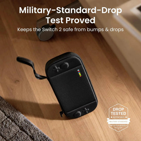 Must-Have Slim Carrying Case For Nintendo Switch 2 Model 2025 on wooden floor, military-grade protection badge visible.