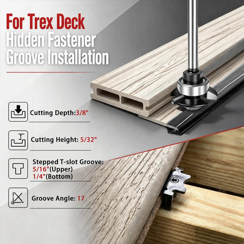 For Trex Deck hidden fastener groove installation using Built Dead Tough Carbide Tipped Router Bit Groove Cutter with details on cutting dimensions.