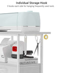 White VENNQD organizer stand for Cricut machines with 24 vinyl roll holders, 2 fabric drawers, tool hooks.