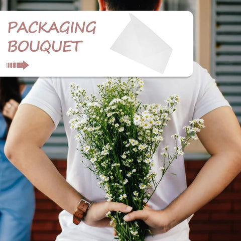 Man holding flowers with "Packaging Bouquet" label, featuring 50 Sheets White Solid Color Folding Tissue Paper for Flower Wrapping.