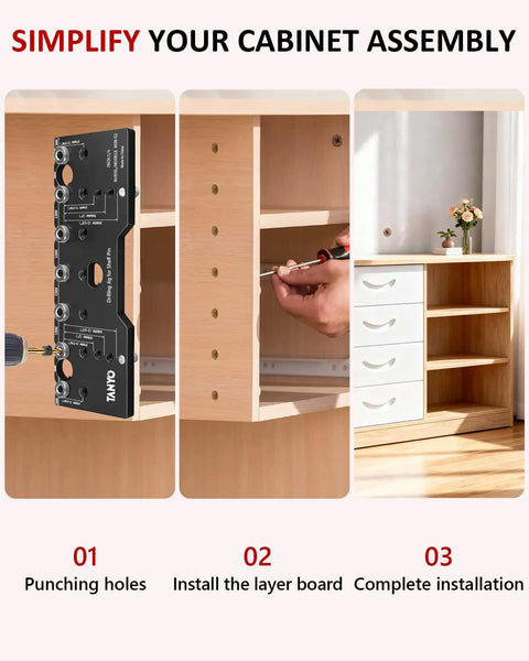 Image showing Precision 7 Hole Shelf Pin Jig And Woodworking Drill Guide helping with cabinet assembly process.