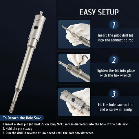 ZELCAN hole saw drill bit with pilot rod for SDS Plus hammer drills; metal masonry cutter