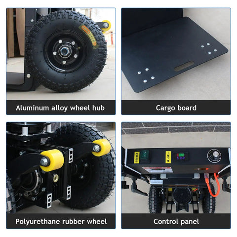 Motorized Hand Truck Dolly For Stairs With 1500W Electric Motor And 880 Lb Capacity Aluminum Alloy Frame parts close-up, showing wheel hub, cargo board, and control panel.