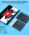 Compressed Graphite And Charcoal Sticks Set Of 18 For Drawing And Sketching Includes Black And White Charcoal Soft Medium Hard Charcoal And Graphite Grades 8B 6B 4B 2B HB For Shading Blending And Rich Art Creations From Beginner To Pro displayed on blue background