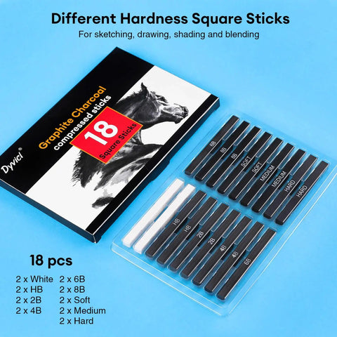 Compressed Graphite And Charcoal Sticks Set Of 18 For Drawing And Sketching Includes Black And White Charcoal Soft Medium Hard Charcoal And Graphite Grades 8B 6B 4B 2B HB For Shading Blending And Rich Art Creations From Beginner To Pro displayed on blue background