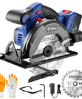 Kickass 20V Cordless Circular Saw With 4 Ah Battery And Charger Producing 4500 Rpm No Load Speed And Quick Bevel Adjustments showing saw, gloves, and accessories.