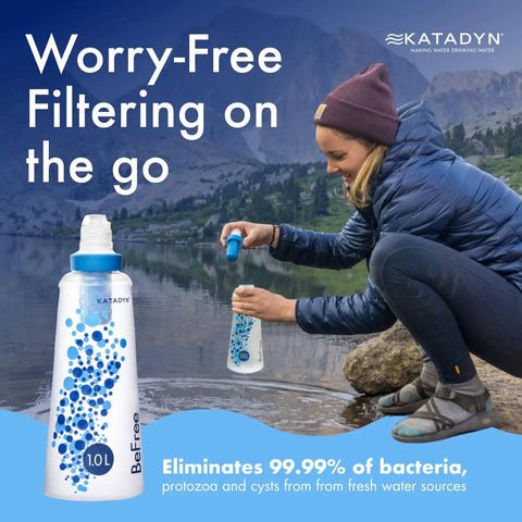 Person using BeFree Collapsible 1.0L Water Filter Bottle For Hiking And Backpacking Travel Trail Ready 0.1 Micron Hollow Fiber Squeeze Filter.