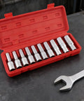10 Piece E Star Socket Wrench Set Shop Grade Alloy Steel Mechanic Tools in red carry case on a work surface