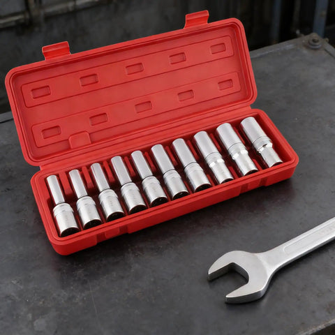 10 Piece E Star Socket Wrench Set Shop Grade Alloy Steel Mechanic Tools in red carry case on a work surface
