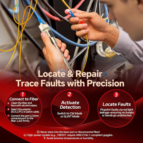 Visual fault locator fiber tester kit; metal pen-style tool with 2.5mm connector, connected to yellow patch cord