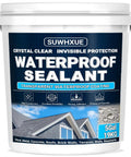 Heavy Duty Clear Waterproof Sealant 5 Gallon Water Based Flexible Coating For Concrete Wood Metal Roof Leak Repair Invisible Protection Indoor Outdoor The Real Deal Deep Penetration Formula in a tub showing waterproof sealant features.