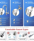 Diagram showing compatible and unsuitable faucet types for Sink Faucet Water Filter Purifier With 304 Stainless Steel Housing.