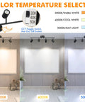Three settings of the Six-Head Dimmable LED Track Lighting Kit, 3000K warm, 4000K cool, 5000K daylight, black finish, room setup shown.