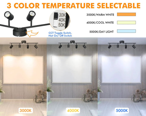 Three settings of the Six-Head Dimmable LED Track Lighting Kit, 3000K warm, 4000K cool, 5000K daylight, black finish, room setup shown.
