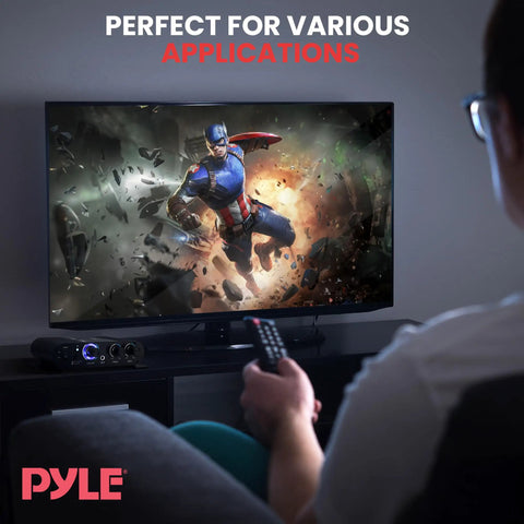 Person using Wireless Bluetooth Home Audio Amp with 90W Dual Channel Power to watch action movie on TV