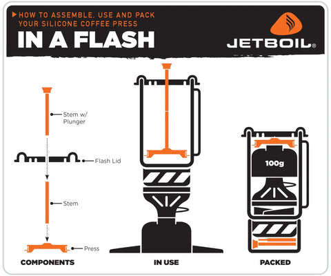 Diagram showing assembly and use of Silicone French Press Coffee Maker For Camping Stoves Regular Size Travel Ready Brew On The Go.