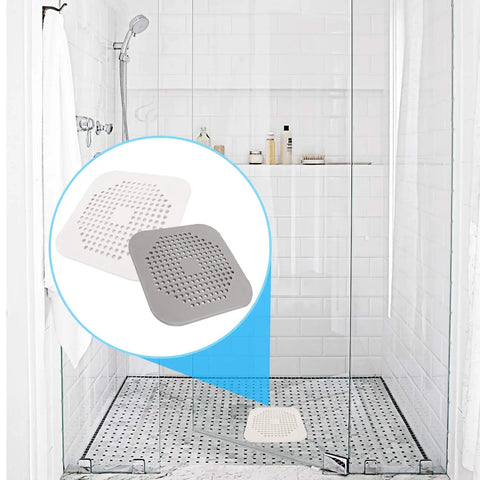 Square Shower Drain Cover 5.7 Inch TPR Silicone Hair Catcher Filter Two Pack Grey in modern shower setting.