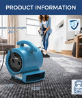Powerful 1000 CFM Air Mover Blower For Fast Drying Floors And Carpets with 20 ft cord in living room setting