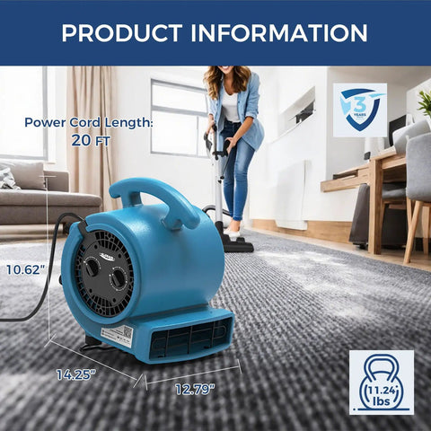 Powerful 1000 CFM Air Mover Blower For Fast Drying Floors And Carpets with 20 ft cord in living room setting