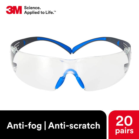 SecureFit 400 Safety Glasses With Anti Fog Scotchgard Clear Lenses Blue Gray Frame Displayed Front View