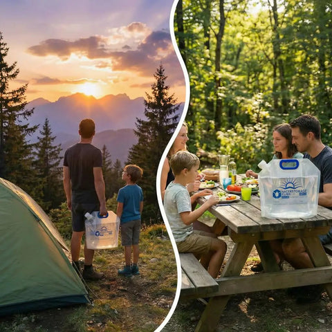 Family camping with Premium Collapsible Water Container Bag For Camping And Hiking BPA Free Food Grade Clear Plastic Jug