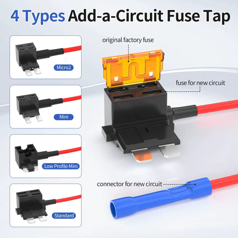 36 Piece 12V Fuse Tap Kit With 5A 10A 15A 20A Fuses Dual Slot Jumpers Low Profile Mini And Micro2 Adapters diagram