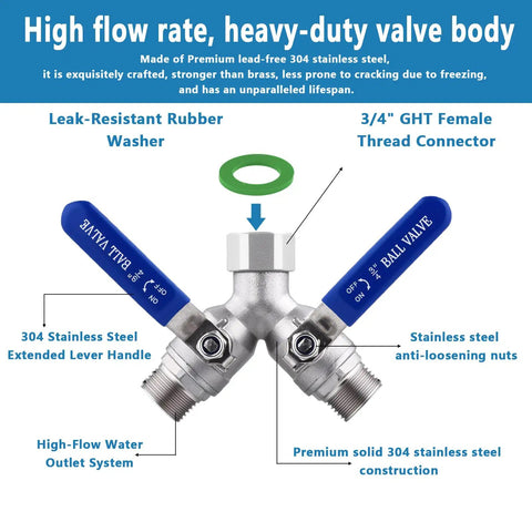 Heavy Duty 2 Way Garden Hose Splitter With Full Flow Y Valve And Long Handle, 304 Stainless Steel Lead Free 3/4 GHT Thread Water Splitter For Outdoor Hoses, Maximum Flow And Durable Build, 3/4 GHT