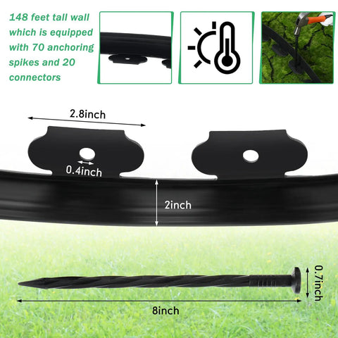 No Dig 148Ft 2 Inch Tall Landscape Edging Kit With 70 Spikes And 20 Connectors shown with spike and connector details