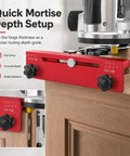 No Sweat Two In One Door Hinge And Lock Installation Jig With Heavy Duty Aluminum Router Template showing quick mortise depth setup.