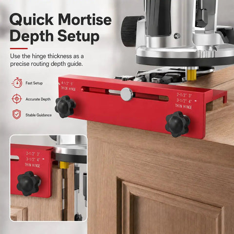 No Sweat Two In One Door Hinge And Lock Installation Jig With Heavy Duty Aluminum Router Template showing quick mortise depth setup.