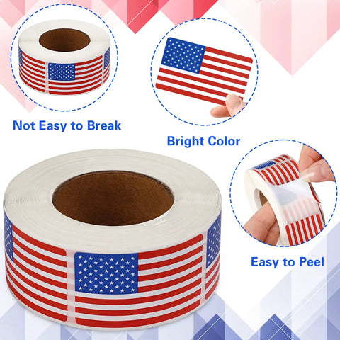500 Count American Flag Stickers Roll Pack 1.22 X 2 Inches Red White and Blue Patriotic Decals for Memorial Day 4th of July Sports Games