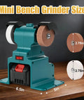 Hella Solid Mini Bench Grinder Featuring Dual Grind Wheels And A Heavy Duty Pure Copper Motor Spinning At 6000 Rpm with dimensions.