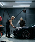 Universal EV Charger Retractable Cord Reel in a garage with two people inspecting a black car and cables organized overhead.