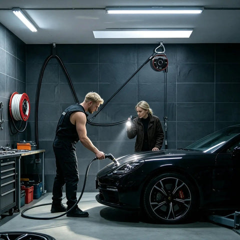 Universal EV Charger Retractable Cord Reel in a garage with two people inspecting a black car and cables organized overhead.