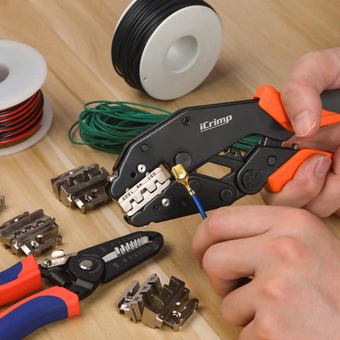 Ratcheting Crimp Tool Set With Wire Stripper And Quick Change Jaws For Open Barrel Terminals Insulated And Non-Insulated Terminals Solar Terminals End Sleeves And Ferrules 8 Piece All In One Kit For Electricians And DIYers