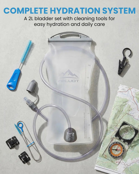 Go To 2L Hydration Bladder Kit with Cleaning Kit on a surface showing brushes, clips, and tube for easy hydration