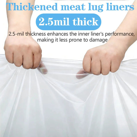 Hands holding Clear Poly Meat Lug Liners Set, 25 Count, 21x22 Inch, 2.5 Mil Food Grade Tub Liners For Meat Processing, Mixing And Transportation