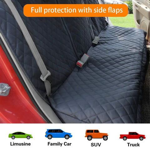 Waterproof Dog Car Seat Cover with Side Flap for Cars Trucks and SUVs Backseat Protector shown in car backseat with full coverage