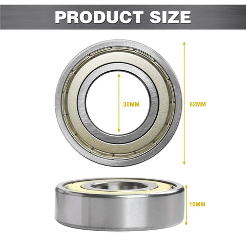 6206 ZZ Deep Groove Ball Bearing With Double Metal Seal 30x62x16mm size dimensions shown, high precision for industrial use