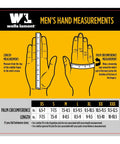 Size chart for men's gloves with hand measurements for HydraHyde Leather Work Gloves For Ranching, Fencing And Construction, Water Resistant Split Cowhide, Reinforced Palm And Thumb For Real Tough Jobs, Abrasion And Puncture Resistant, Durable Grip And All Day Comfort.