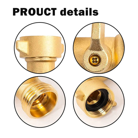 90 Degree Brass Garden Hose Adapter With Shut Off Valve For Easy Water Flow Control No Fuss 3 Quarter Inch Solid Brass Elbow Connector Durable Outdoor Hose Fitting Includes 4 Replacement Washers 2 Pack For Leak Free Connections, brass elbow detail