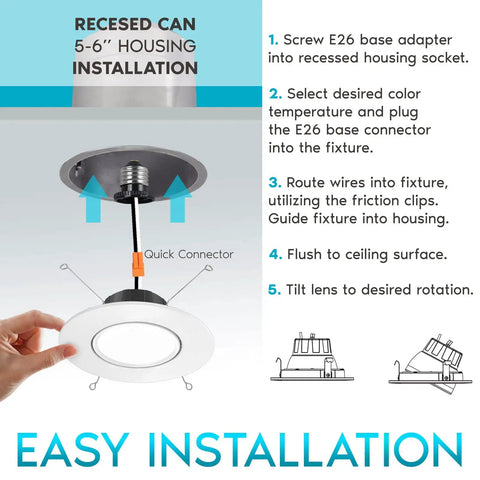 Easy installation guide for Sleek 5 And 6 Inch Gimbal LED Recessed Can Lights with E26 adapter and tilt lens features.