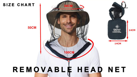 Man wearing Two Pack Mosquito Head Net Mesh For Hiking And Outdoors Over Hat Keeps Skeeters And Bugs Out Of Your Eyes Nose Ears Face Neck And Shoulders Insect Gnat Fly Shield For Adults, with size chart and carrying pouch.