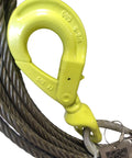 Close-up of three eighths inch by seventy five foot fiber core winch cable with self locking swivel hook for heavy duty tow